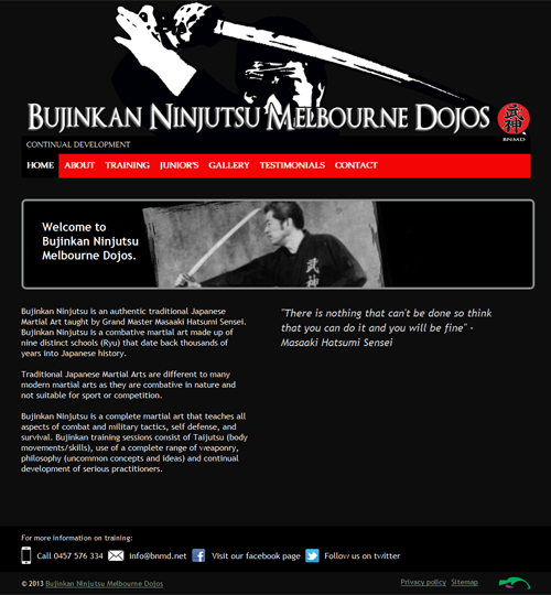Screenshot of Bujinkan Ninjutsu Melbourne Dojos - BNMD website